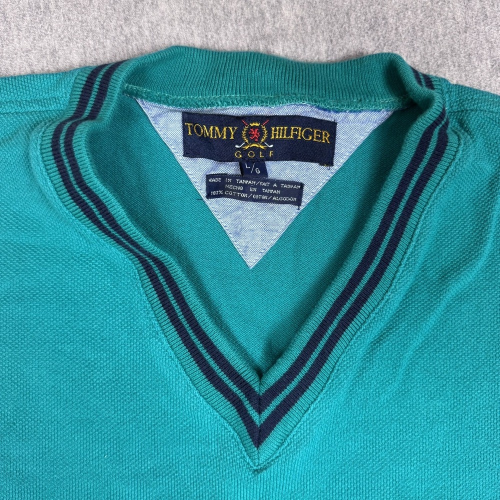 Vintage Tommy Hilfiger Golf Sweater Vest Men L Teal Crest V Neck 100% Cotton - Picture 7 of 9